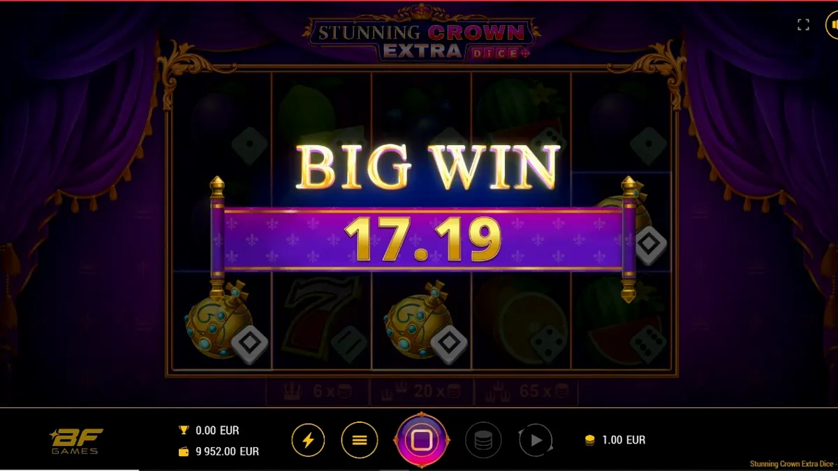 Stunning Crown Extra Dice স্লট গেমের রাজকীয় ইন্টারফেস এবং রত্নপাথর সমৃদ্ধ রিল
